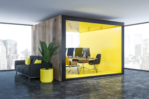 istock Yellow and wood office with couch 1090990334