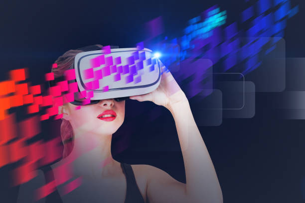 istock Woman in vr glasses, flow of data, black 1090991088