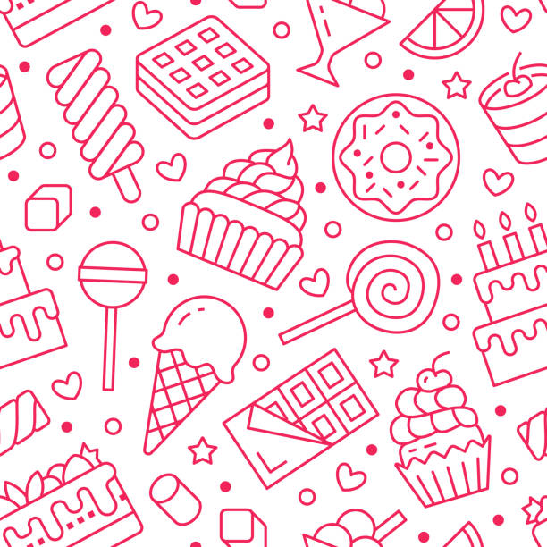 フラット ライン アイコンと甘い食べ物のシームレスなパターン。菓子ベクトル イラスト - ロリポップ チョコレート ・ バー、ミルクセーキ、クッキー、ケーキ、菓子屋。お菓子のかわいい� - cake white birthday backgrounds点のイラスト素材／クリップアート素材／マンガ素材／アイコン素材