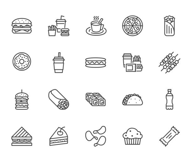 junk-food flache linie symbole festgelegt. burger, schnelle snacks, sandwich, pommes frites, hot-dog, mexikanische burritos, pizza-vektor-illustrationen. dünne anzeichen für die speisekarte des restaurants. pixel perfect 64 x 64. editierbare striche - muffin stock-grafiken, -clipart, -cartoons und -symbole