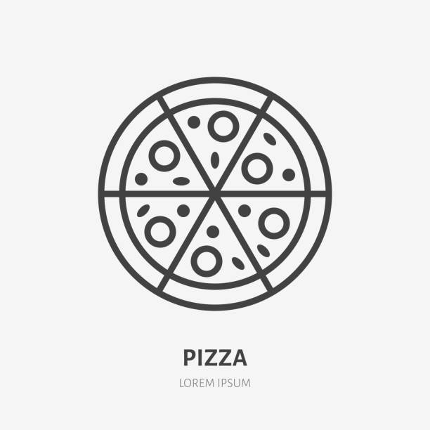 ilustraciones, imágenes clip art, dibujos animados e iconos de stock de icono de la línea plana de pizza. vector de señal fina del logo de café de comida rápida italiana. ilustración de pizzería - pizza