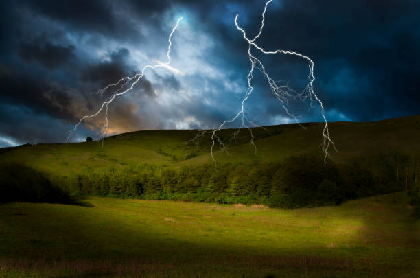 storm with lighting over mountain - on strike imagens e fotografias de stock