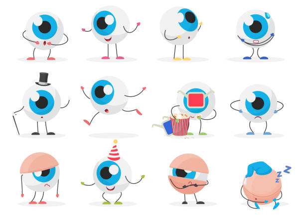 ilustraciones, imágenes clip art, dibujos animados e iconos de stock de dibujos animados lindo divertido ojo bola emoticon emociones plantea conjunto de caracteres. - globo ocular