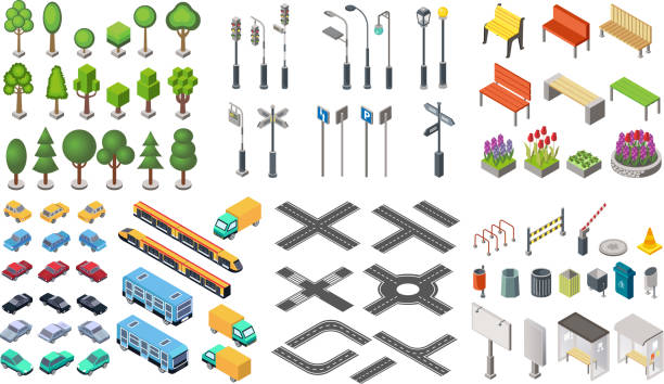 Isometric city vector collection Isometric city vector collection. Trash cans, signboards with bus stops, restriction signs, park city trees and bushes, road and highways, road signs and lights set traffic illustrations stock illustrations