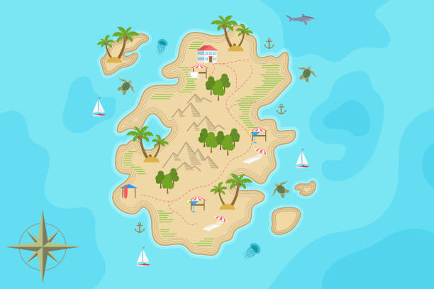 해 적 판타지 만화 섬 지도입니다. 벡터 보물 섬입니다. - beach cartoon island sea stock illustrations