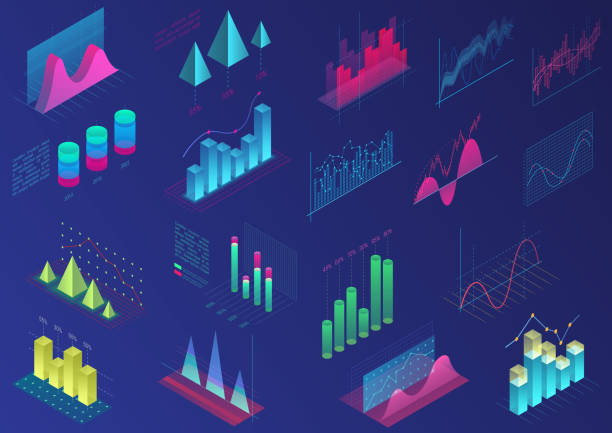 ilustraciones, imágenes clip art, dibujos animados e iconos de stock de conjunto de elementos de infografía colores vivos para la interfaz de usuario gráficos de diseño, presentación, datos estadísticas. diagrama luz brillante isométrica 3d vector ilustración. - visual screen illustrations