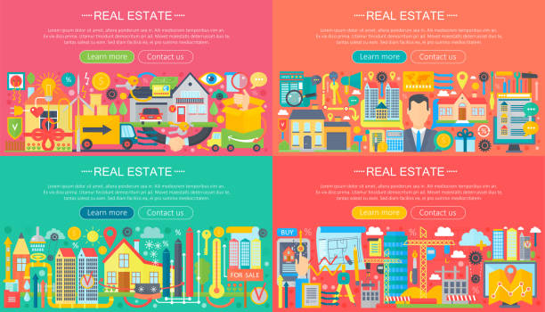 Real estate horisontal banners concept set with sale and rental market apartment flat icons vector illustration. Real estate horisontal banners concept set with sale and rental market apartment flat icons vector illustration real estate agent illustrations stock illustrations