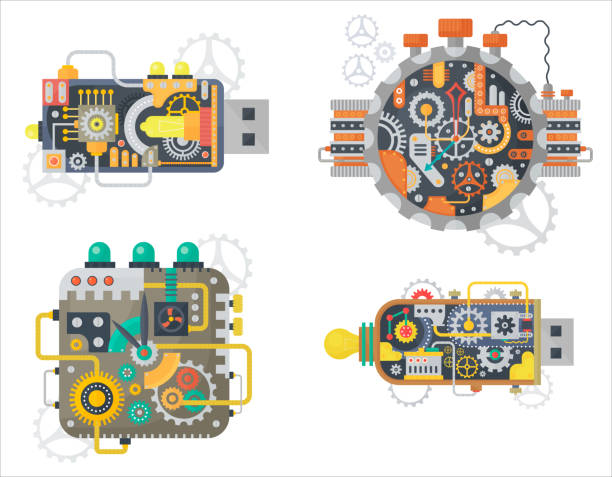 ilustraciones, imágenes clip art, dibujos animados e iconos de stock de reloj vintage de steampunk vector relojes usb flash drive con piñones y engranajes aislados y cara. - usb cable usb flash drive flash memories