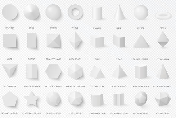 realistyczne białe podstawowe kształty 3d w widoku górnym i przednim izolowane na tle transperantu alfa. - piramida figura geometryczna stock illustrations
