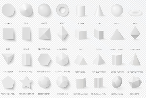 Realistic white basic 3d shapes in top and front view isolated on the alpha transperant background