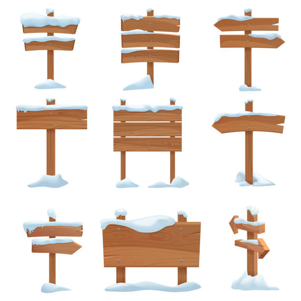 kreskówkowe drewniane znaki zimowe z pokrywami śnieżnymi ustawić ilustrację wektorową. - directional sign obrazy stock illustrations