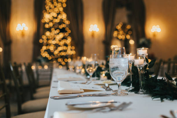 Wedding table with christmas tree Wedding table with christmas tree wedding feast stock pictures, royalty-free photos & images