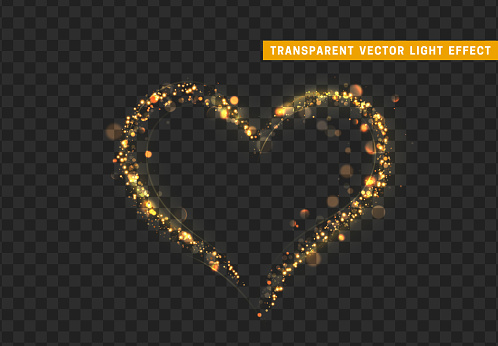 golden heart shines bright highlights. Magic light effect. Stardust gold glitter. Sparkle star dust vector illustration. Glowing sparkling particles on background with transparency