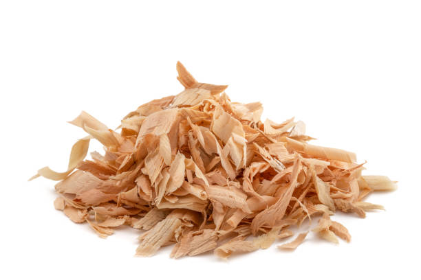 Swiss pine shavings aromatic flake of Swiss stone pine isolated on white wood chip stock pictures, royalty-free photos & images