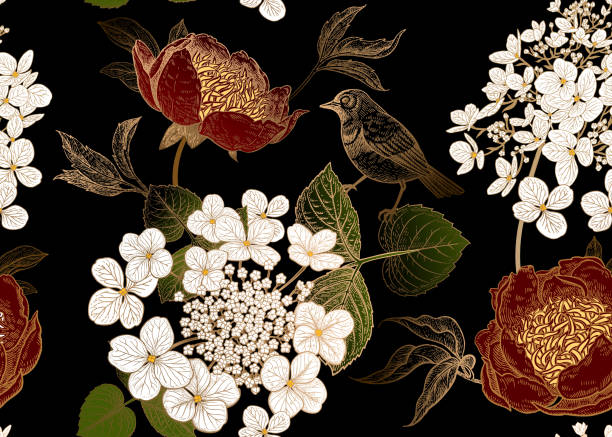 모란, 수 국 꽃과 작은 새와 함께 완벽 한 패턴입니다. 벡터 배경입니다. - botany wallpaper pattern wallpaper illustration and painting stock illustrations