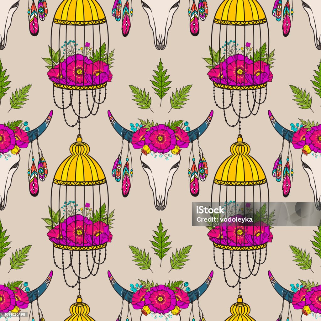 Seamless pattern with cow skull and bird cage. Seamless pattern with cow skull and bird cage. Boho style. Pattern for textile, packaging, greeting cards, invitations, wedding decoration. Bohemian design. Vector illustration. American Culture stock vector