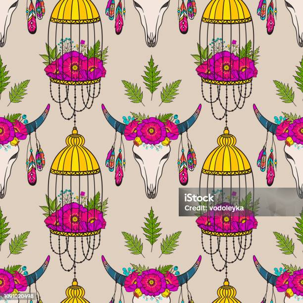 Seamless Pattern With Cow Skull And Bird Cage Stock Illustration - Download Image Now - American Culture, Animal Wildlife, Backgrounds