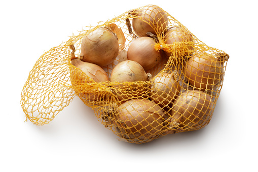 Vegetables: Onions in Net Isolated on White Background