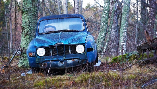 Old, rusty SAAB in the forest