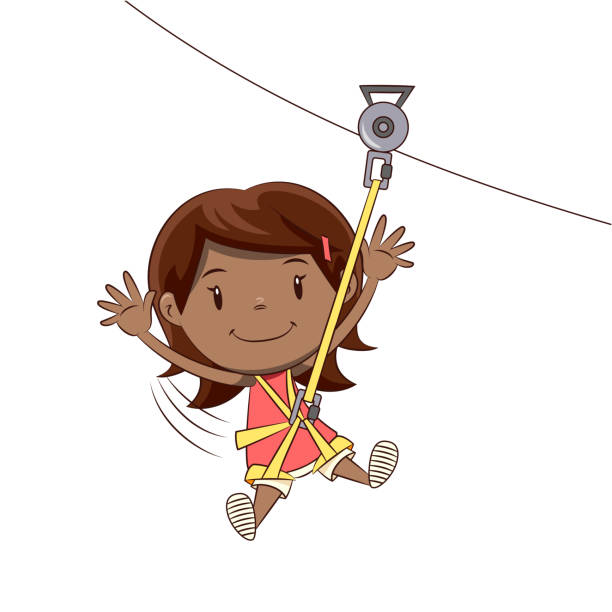 Little girl ziplining tour Child ziplining tour, cute kid, ride, adventure, sport, zip line, harness, young woman, person, girl, happy cartoon character, vector illustration, isolated, white background zip line stock illustrations