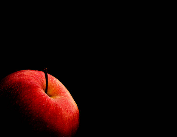 Red ripe apple with water drops. Copy space. Border design
