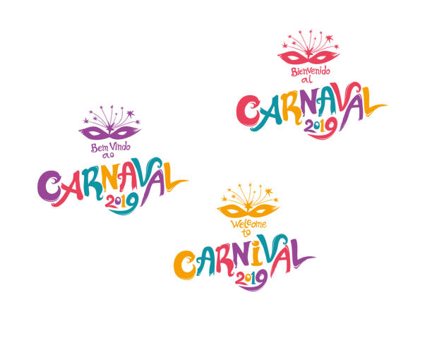 willkommen im karneval-2019. ein satz von drei hellen bunten karneval logos in drei sprachen, englisch, spanisch und portugiesisch. - femme fatale stock-grafiken, -clipart, -cartoons und -symbole