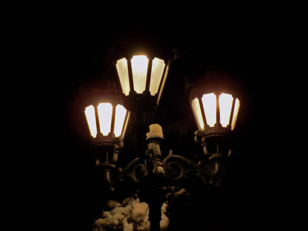 istock Retro styled street light covered with a snow, under the night sky 1091029842