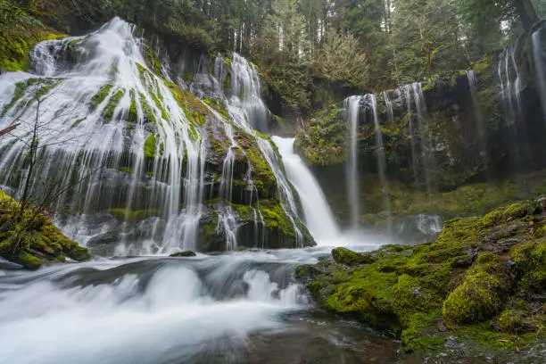 Waterfall in the columbia river gorge in the pacific northwest Washington sate. Panther creek falls in Washington landscape photography captured after hiking to the waterfall.