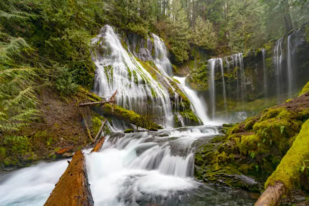 Waterfall in the columbia river gorge in the pacific northwest Washington sate. Panther creek falls in Washington landscape photography captured after hiking to the waterfall.