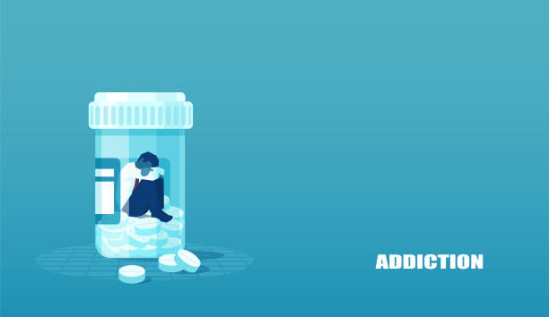 ilustrações de stock, clip art, desenhos animados e ícones de vector of a sick sad patient man in depression drowning in medications sitting inside a bottle. - drug awareness