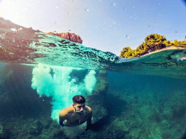 istock Man jumping into water from rocks WILD 1091047946