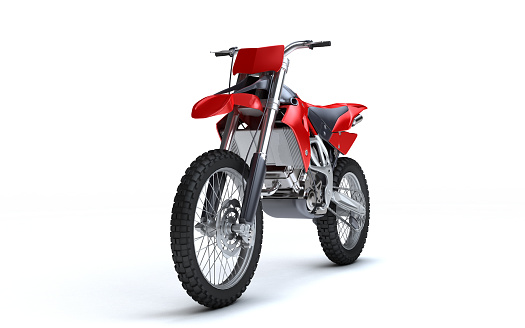 3D illustration of red glossy sports motorcycle isolated on white background. Perspective. Front view. Left side. Low angle.