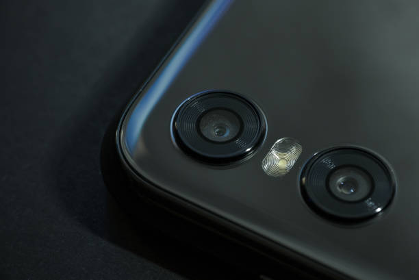 Detail of newest double smarphone camera, close up stock photo