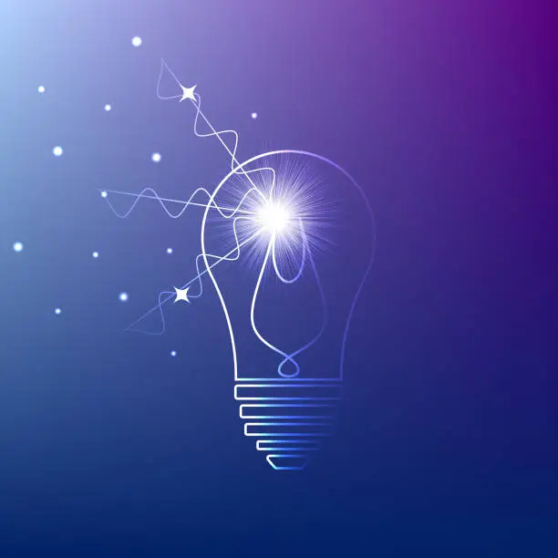 Vector illustration of Lightbulb. on blue background. Glowing lamp icon. Idea spark that illuminates the light bulb. Idea, electricity, innovation or other concept illustration, background