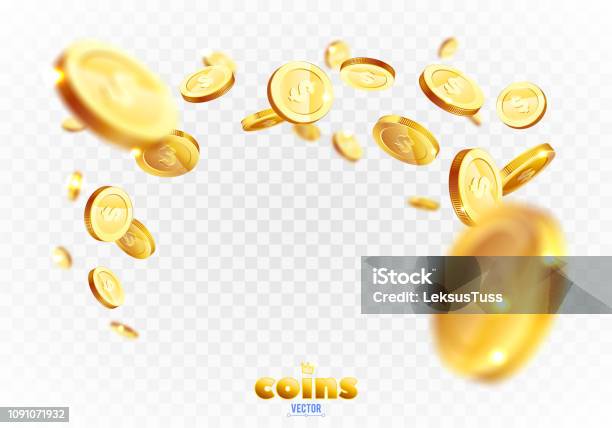 Realistische Goldmünzen Explosion Auf Transparenten Hintergrund Isoliert Stock Vektor Art und mehr Bilder von Geldmünze