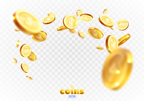 Realistic Gold coins explosion. Isolated on transparent background.