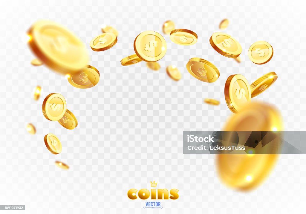 Realistic Gold coins explosion. Isolated on transparent background. Coin stock vector