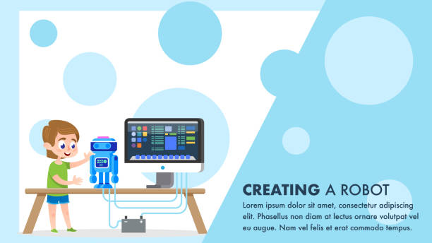 Robot Creating Course. Flat. Young Child Hobbies. Robot Creating and Programming Course. Cartoon Talent Boy Character Styding at Electronic Engineering Class. Young Future Scientist Standing at Desk. Child Cyber Hobbies Illustration. child robot class stock illustrations