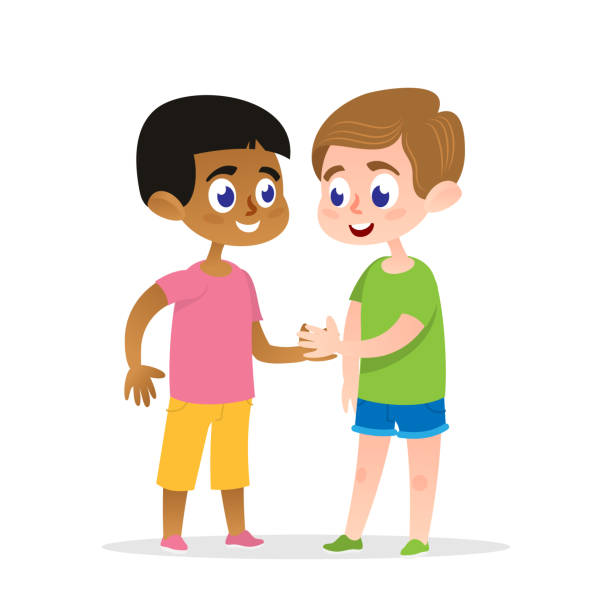 illustrations, cliparts, dessins animés et icônes de illustration vectorielle de deux heureux firends handshake. - fun sport teenager laughing