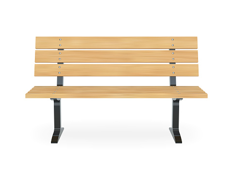 Realistic wooden park bench. Front view vector illustration