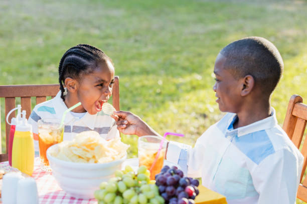 Boy giving potato chip to little brother An 8 year old African-American boy feeding a potato chip to his little 3 year old brother. They are sitting at a picnic table outdoors, at a backyard cookout. family eating potato chips stock pictures, royalty-free photos & images