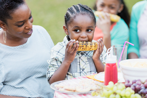 A little 3 year old African-American boy sitting on his mother's lap at a backyard cookout, eating corn on the cob.