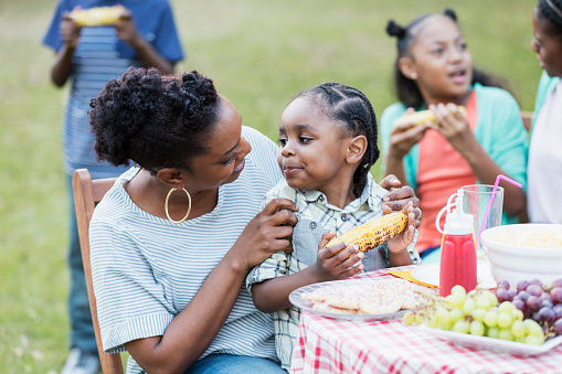 A little 3 year old African-American boy sitting on his mother's lap at a backyard cookout, eating corn on the cob.