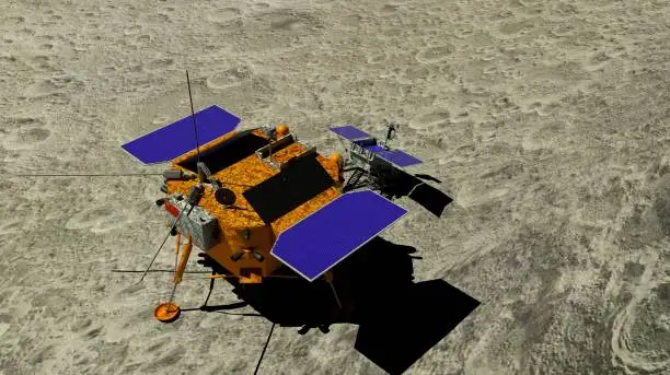 Top view of Yutu 2 Lunar rover descendant of the China`s Chang e 4 lunar probe landed on the surface of the moon on January 3, 2019. 3D illustration