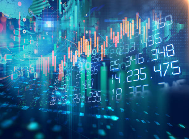 gráfico de inversión bursátil con indicador y el volumen de datos. - stock market stock ticker board stock market data finance fotografías e imágenes de stock