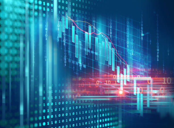 gráfico de inversión bursátil con indicador y el volumen de datos. - stock market stock ticker board stock market data finance fotografías e imágenes de stock