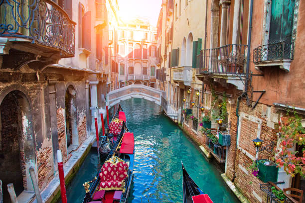 góndola de lujo esperando turistas cerca del puente de rialto en venecia - venice italy rialto bridge italy gondola fotografías e imágenes de stock