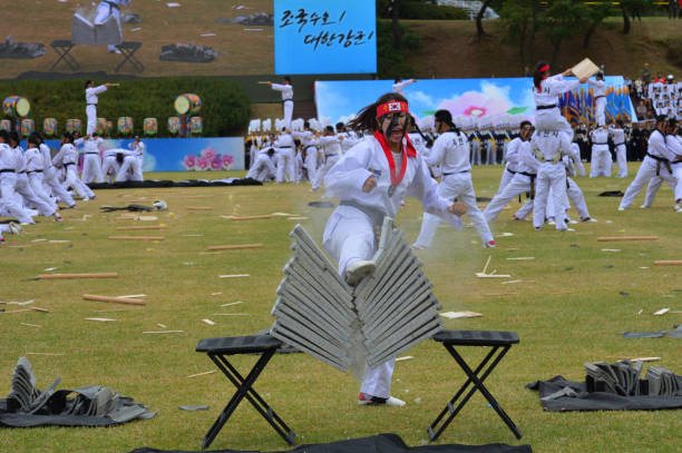 On September 29, 2016, South Korea 68th Armed Forces Day the South Korean army special forces soldiers are demonstrating Taekwondo at the Gyeryongdae military ground in Gyeryong-si, South Korea.