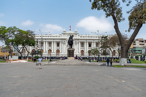Lima, Peru - October 18, 2018: Plaza Bolivar. The day was a public holiday in Lima, Peru, and due to the Lord of Miracles parade, the street was closed to the motor vehicle.