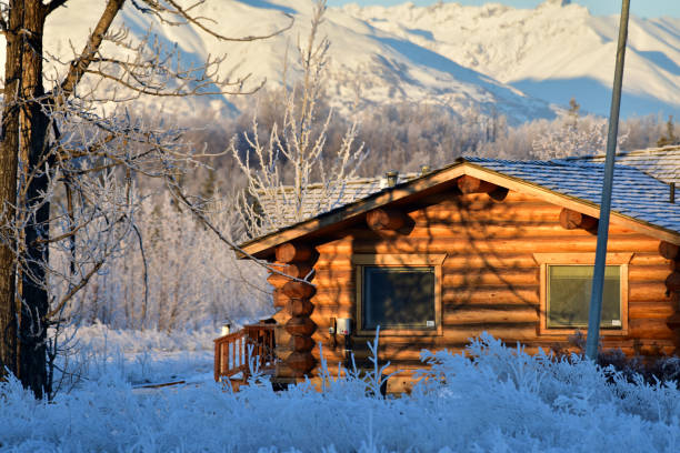 Winter cabin stock photo